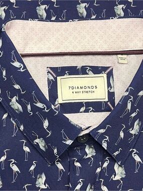 7 Diamonds 4-Way Stretch White Crane Bird Print Shirt Men Medium Navy Background